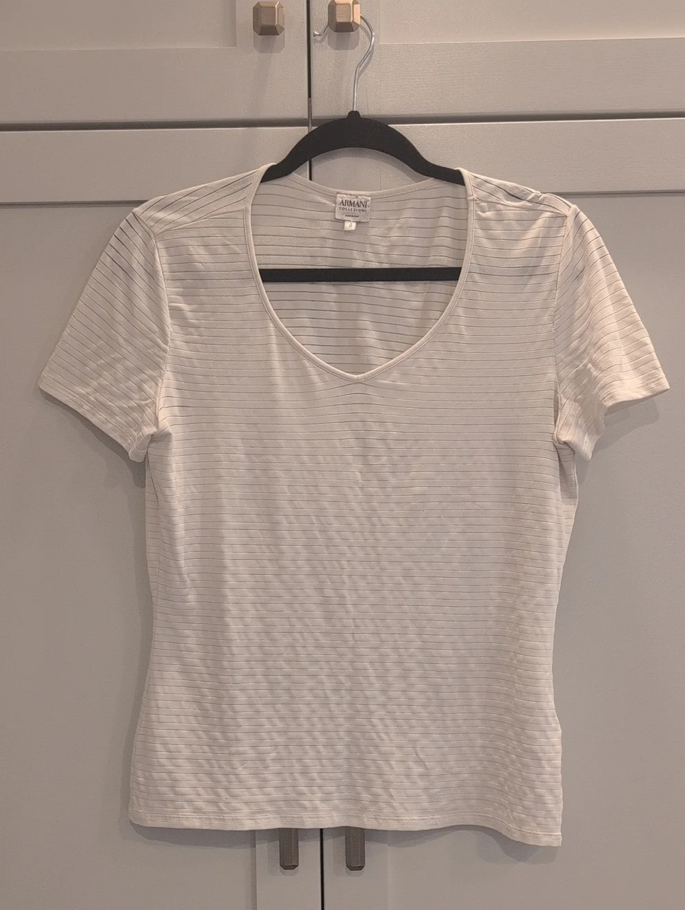 Armani Collezioni White Striped Short-Sleeve Stretchy Scoop Neck Tee Sz 10